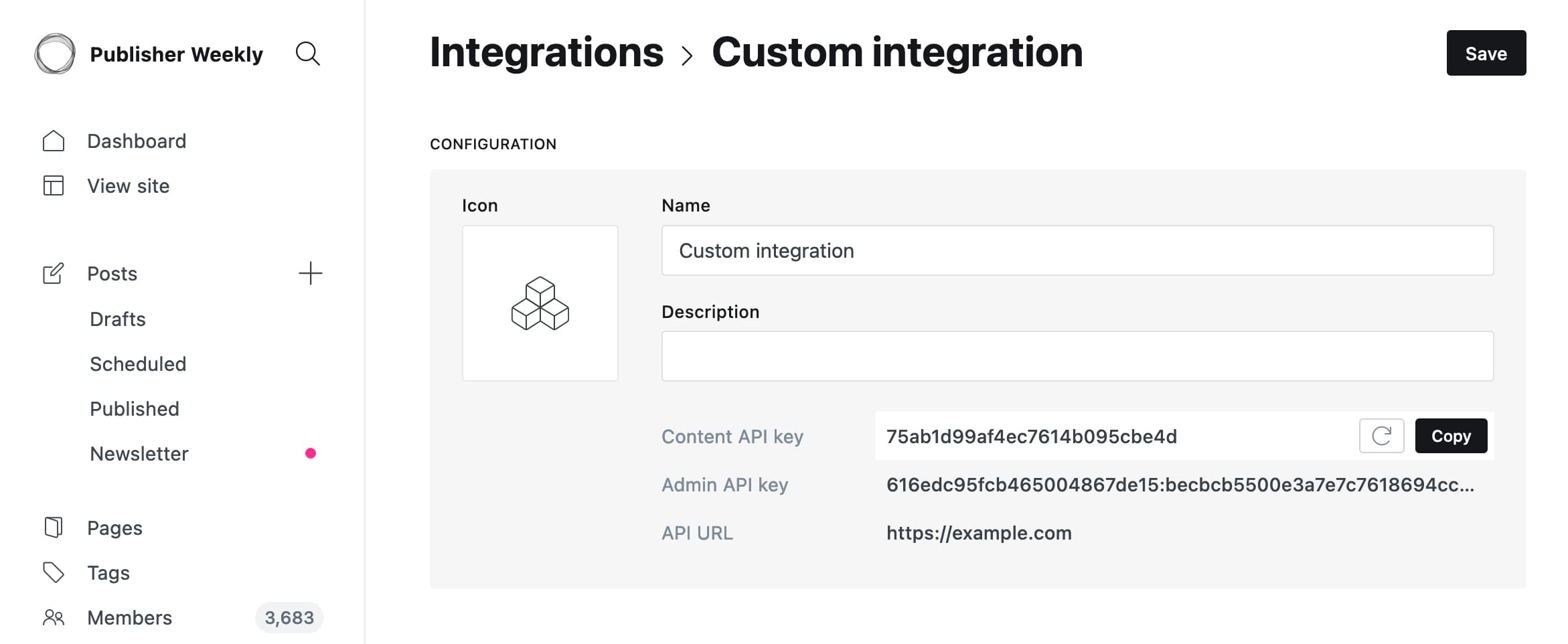 Ghost custom integration screen displaying Content API and Admin API keys
