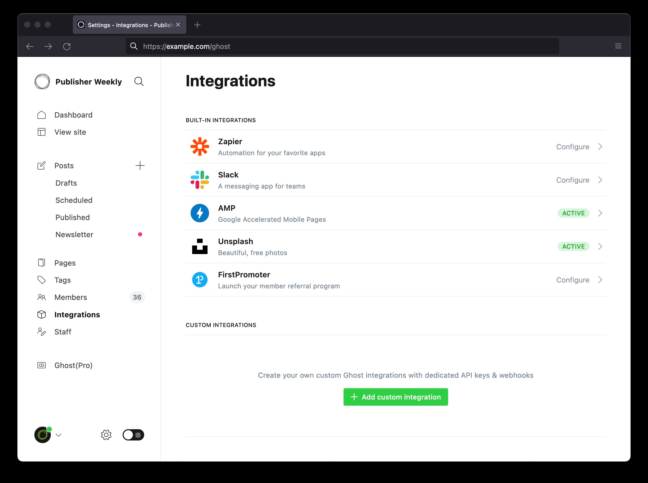 Ghost Admin Integrations page with the Add custom integration button