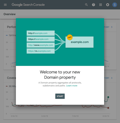 Google Search Console welcome screen for a new Domain property