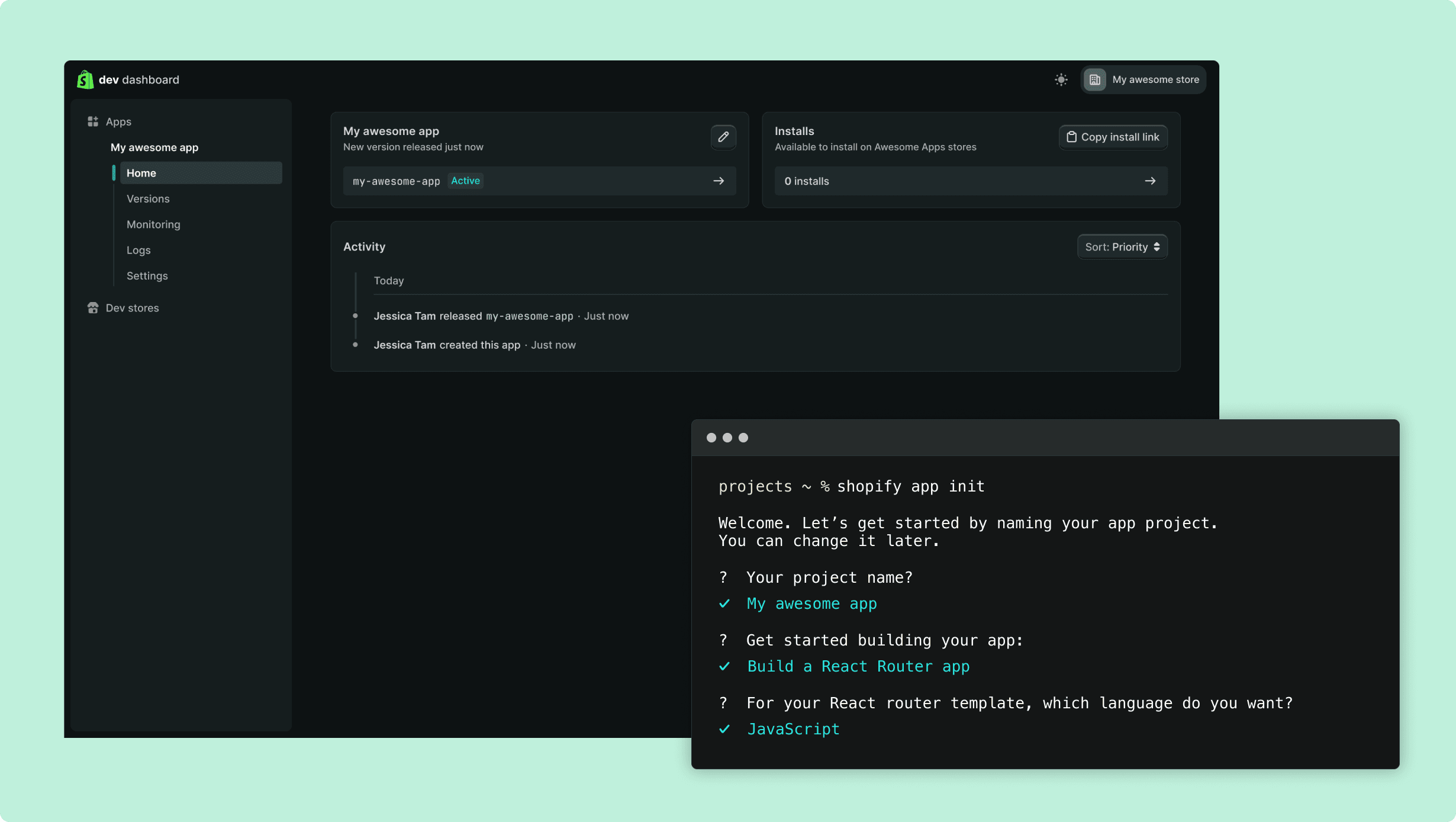Shopify Dev Dashboard app creation interface