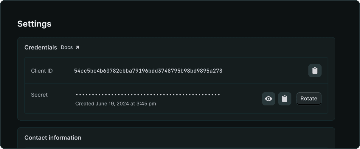 Shopify Dev Dashboard Settings page showing Client ID and Secret fields