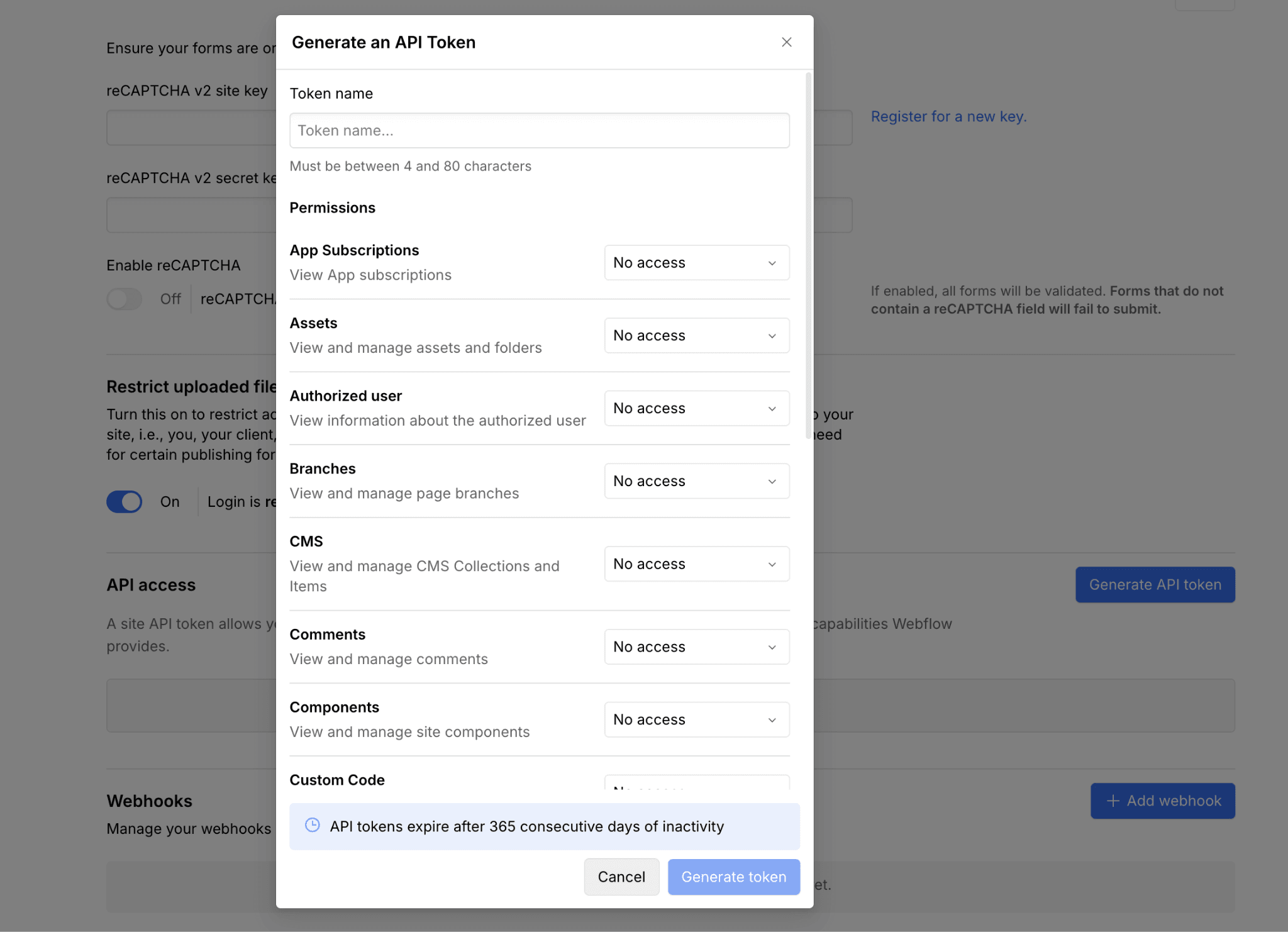 Webflow Generate an API Token dialog with permission selectors