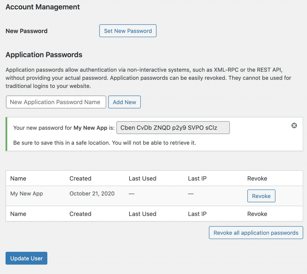 WordPress user profile showing a newly created Application Password
